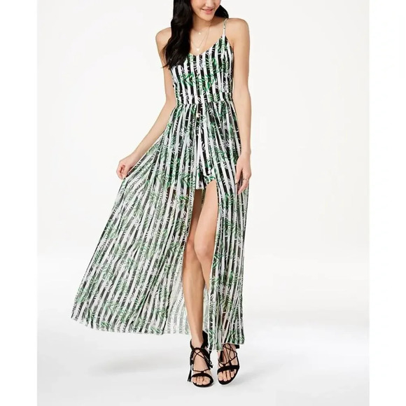 NWT XOXO Women's Medium Green Stripe Leaf Print V-Neck Layered Romper‎ w/ Slit - Picture 1 of 6